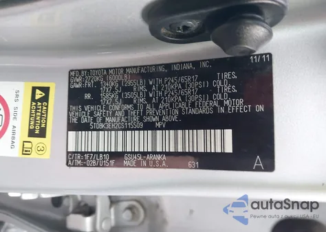 2012 Toyota Highlander Se V6 z USA, uszkodzony, nr VIN 5TDBK3EH2CS115509